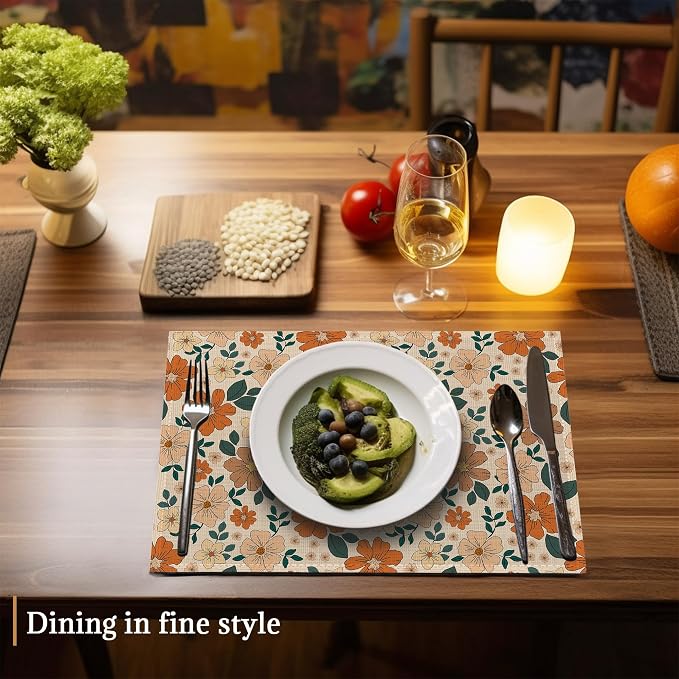 70s Retro Floral Flowers Placemats Set of 6 Washable Table Mats for Kitchen Dining Table,Heat-Resistant Place Mats for Indoor Outdoor Party Holiday Decoration