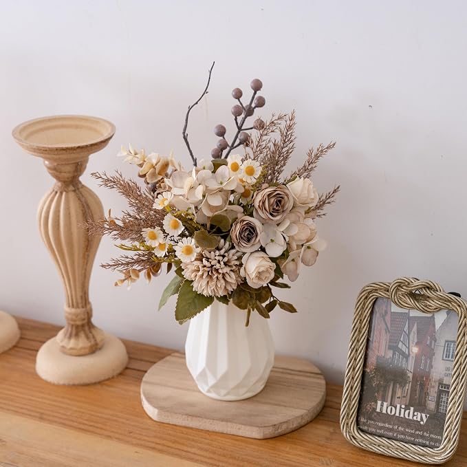 Small Fake Silk Flowers Bouquet with Vase, Faux Centerpieces with Roses, Dandelions, Hydrangea, Daisies, Eucalyptus, Hollyberries - Artificial Floral Arrangements for Home Kitchen Decor