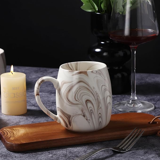 Lorren Home Trends Marble Pattern Stoneware Coffee Mugs, Brown and White Swirl Design, Set of 4