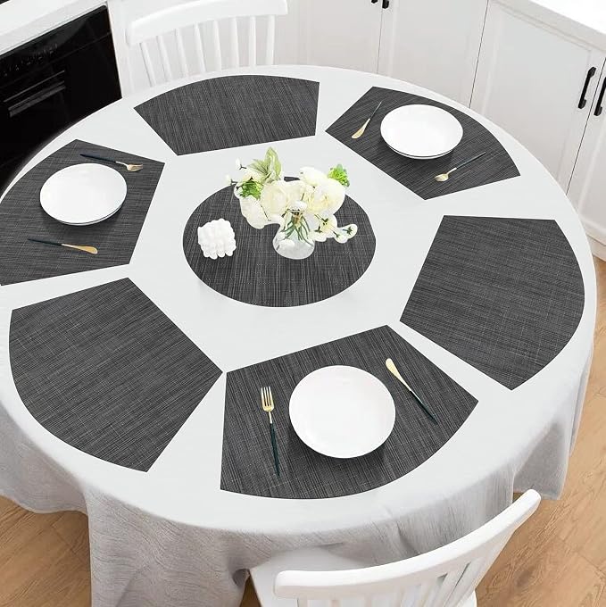 SHACOS Round Table Placemats Set of 7 Wedge Shaped Place Mat with Centerpiece Round Mat Heat Resistant Table Mats Washable (7, Black Gray)