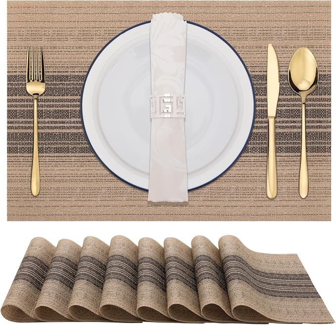 Winknowl Placemats Set of 8, Washable Vinyl Woven Placemats, Heat Resistant & Wipeable Table Mats for Kitchen Dining Table (Brown)