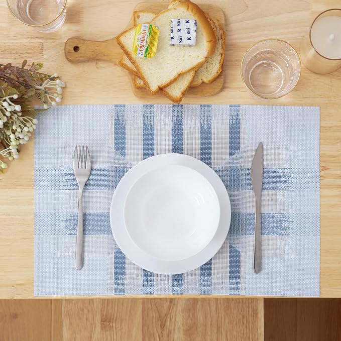 Winknowl Placemats Set of 6, Heat Resistant Stain Resistant Woven Vinyl Insulation Place mats, Durable Washable Elegant Table Mats for Kitchen Dining Table Decor (Geometric Blue)