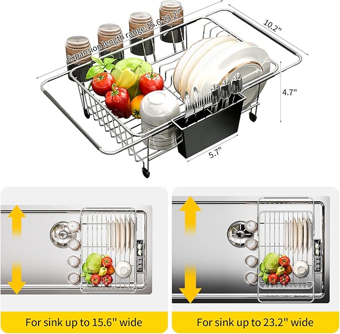 PureBox Expandable Over The Sink Dish Drying Rack - Adjustable Stainless Steel Dish Rack for Kitchen Counter or In-Sink, Heavy-Duty Rust-Proof Space Saving Drainer with Utensil Holder (15.5" to 23.2")
