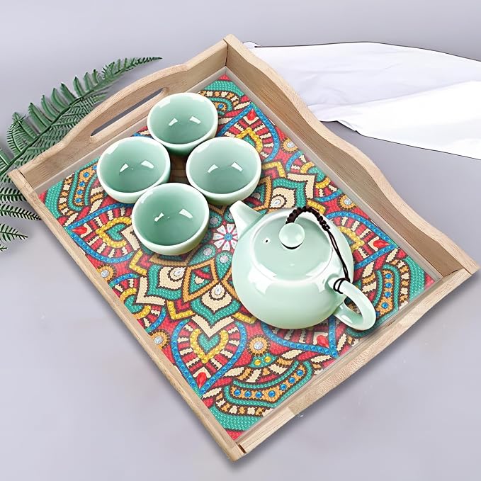 Generic DIY Diamond Serving Tray Rectangular Upgrade Increase Breakfast Tray with Handles Handmade Diamond Art Painting Wooden Tray Dinner Plate for Coffee Living Room Home Organizer-Mandala07