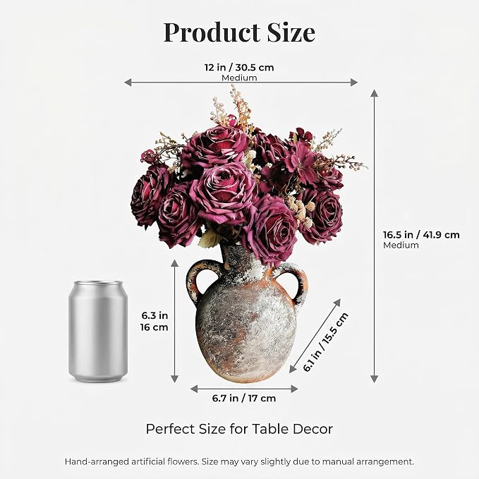 Flower Arrangement with Terracotta Vase, Pre-Arranged Faux Roses & Mixed Flowers Centerpiece for Rustic Farmhouse Table Decor/15”