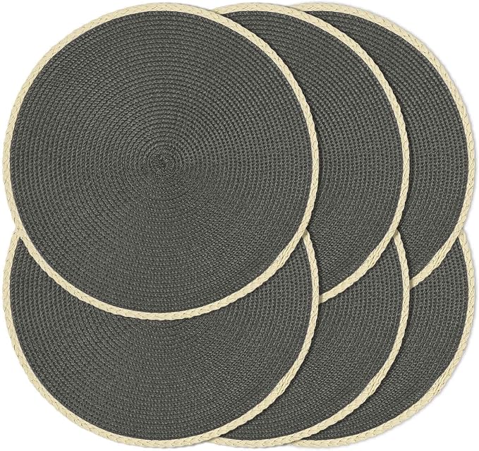 Noctiflorous Braided Round Placemats Set of 6, 15 Inch Woven Table Mats, Non-Slip Washable Thin Edge Place Mats for Kitchen Dining Table Decor (Dark Gray, 6)