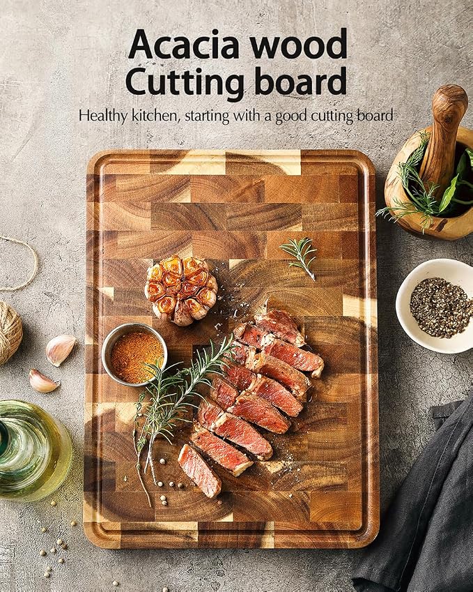 XINZUO Acacia Wood End Grain Cutting Board (13.8''L x 9.8''W x 1''T)-Wooden Chopping Board with Non-Slip Feet, Side Handles and Juice Groove