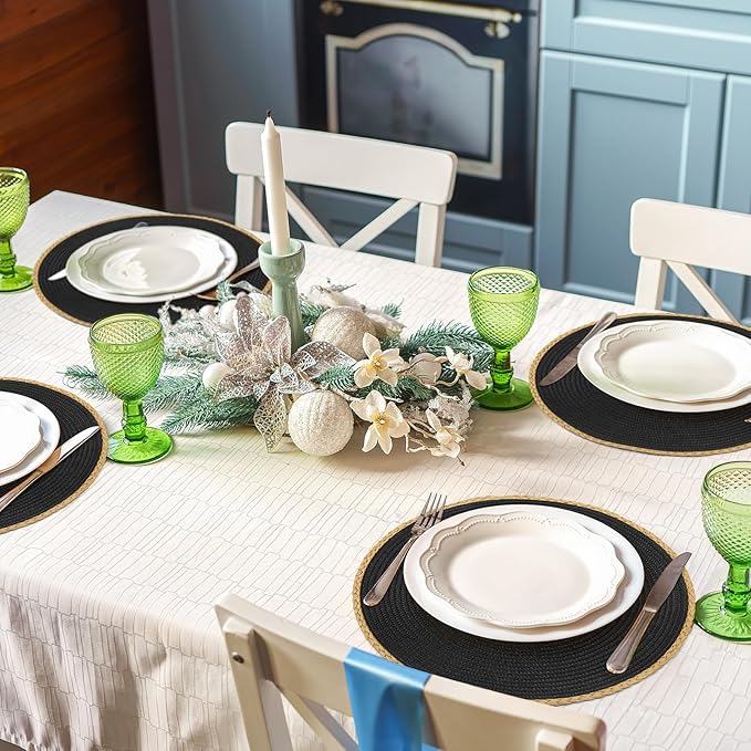 comfoyar Black Round Braided Placemats Set of 6, 14.2x14.2 Inch Non-Slip Place Mats, Washable Heat Resistant Table Mats for Indoor Kitchen Dining Party Table Decoration