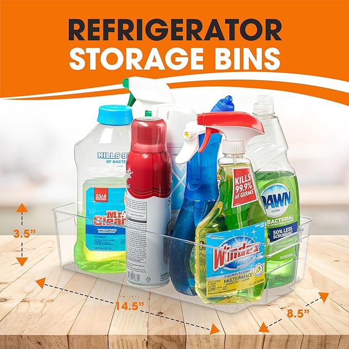Cheer Collection Clear Refrigerator Organizer Bins - BPA Free Transparent Storage Bins for Pantry, Fridge, Tools & Cabinets Organization, 14.5’’ Long (Set of 4)