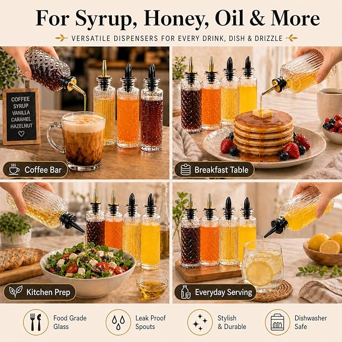 ChezMax Syrup Dispenser Bottles Set of 4, Simple Syrup Bottle for Coffee Bar Accessories, 5oz Glass Coffee Syrup Dispenser Syrup Containers for Maple Honey Syrup Oil, Metal Pour Spouts & Labels