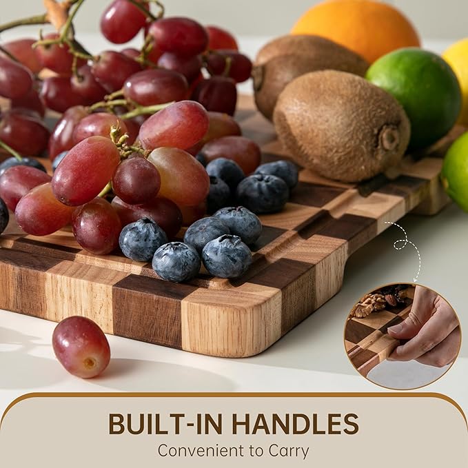 Checkered Cutting Board, Wooden Cutting Boards for Kitchen, Acacia Wood Cutting Board with Handle & Juice Grooves, Small Charcuterie Boards with Gift Box, 14" X 11" X 0.8"