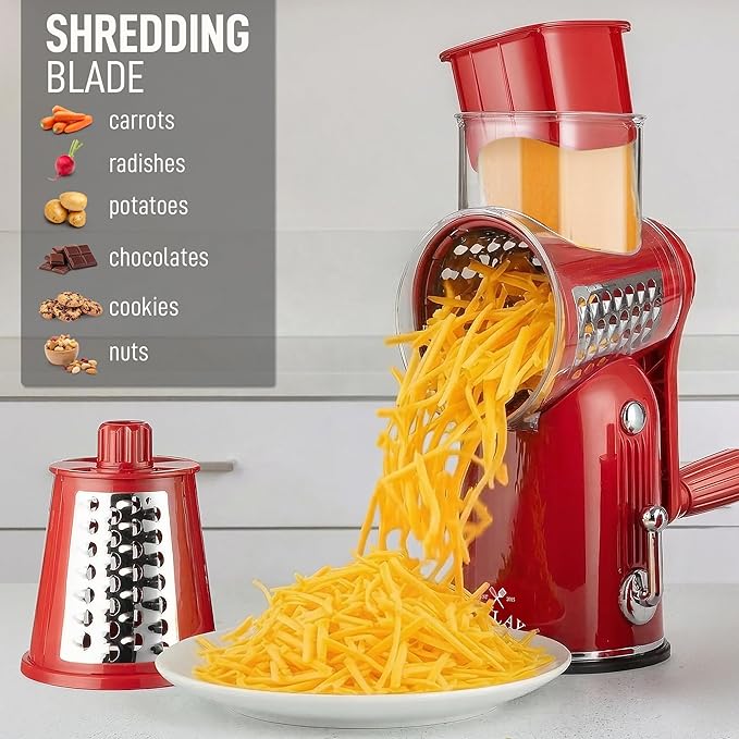Zulay Kitchen Rotary Cheese Grater 5 Blade Cheese Shredder - Manual Hand Crank Cheese Grater With Reinforced Suction & 5 Interchangeable Drums - Easy to Use, Vegetable Chopper Round Mandoline Slicer