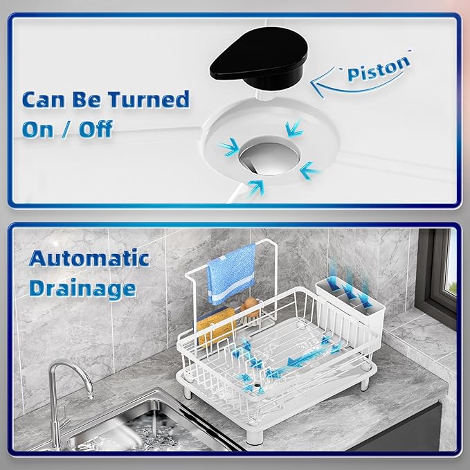 Dish Drying Rack, Stainless Steel-Dish Rack, Dish Racks for Kitchen Counter, Kitchen Dish Drainers with Removable Utensil Holder,New drain outlet,Plate Rack and Drainboard,(white 2 with Sponge Rack)
