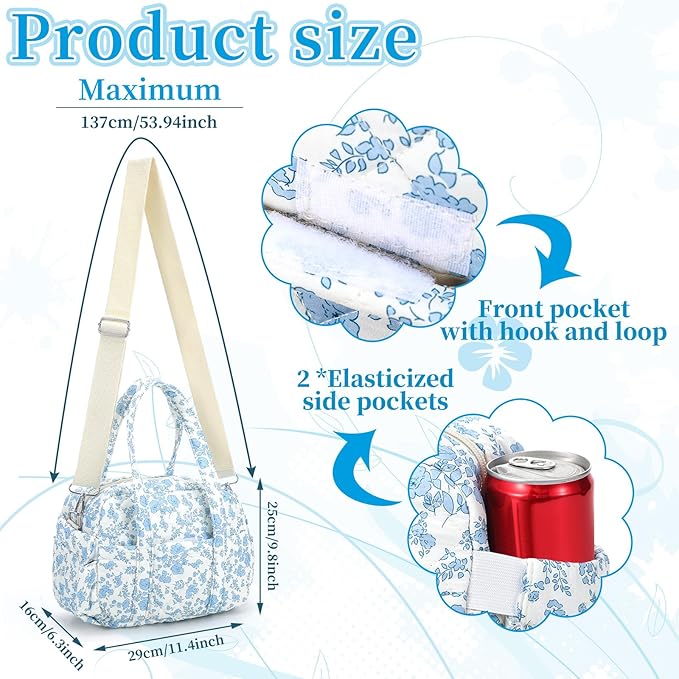 Zhehao Cute Lunch Bag for Women Large Quilted Insulated Lunch Box with Shoulder Strap, Crossbody Portable Leakproof Cooler Tote Bag for Adult Work Teacher Staff Office Travel Picnic(Blue Flower)