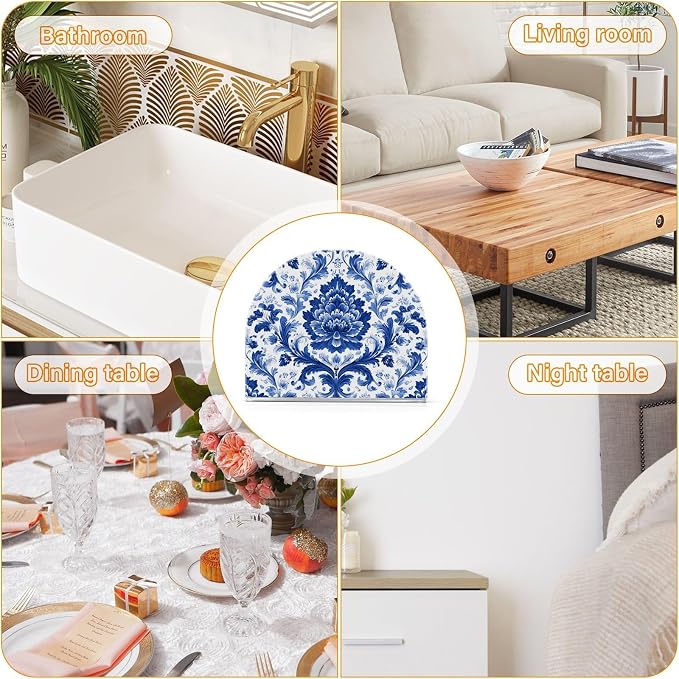 Napkin Holder Acrylic Napkin Holder for Table Kitchen Party Restaurant U Shaped Upright Napkin Dispenser Organizer Classic Blue and White Flower