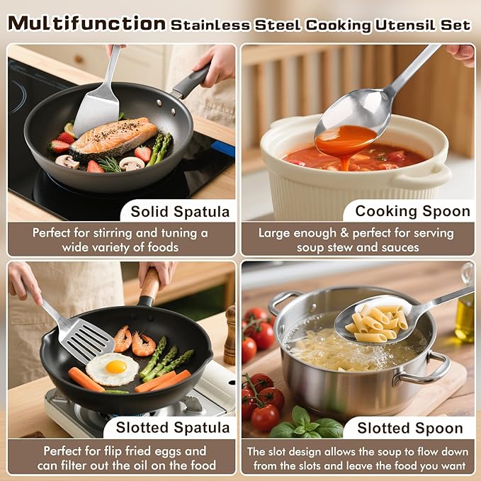 4 Pcs Cooking Utensils Set, Stainless Steel Kitchen Utensils, Heat Resistant Metal Kitchen Tools Include Slotted Turner Wok Spatula, Solid & Slotted Serving Spoon, Ladle, Easy to Clean, Silver