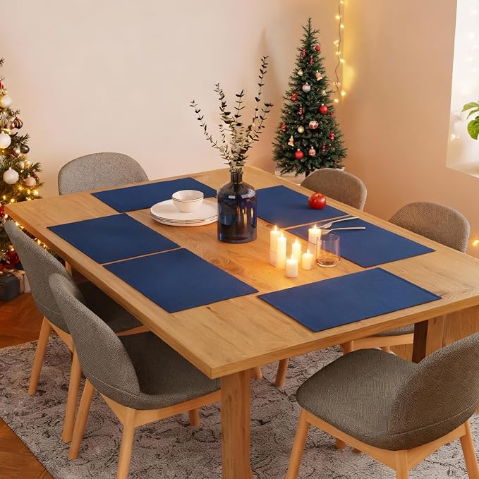 Encasa XO Dining Placemat Set of 6 | Solid Blue Color | Fine Ribbed Cotton Table mat | Size 19x13 in | Machine Washable