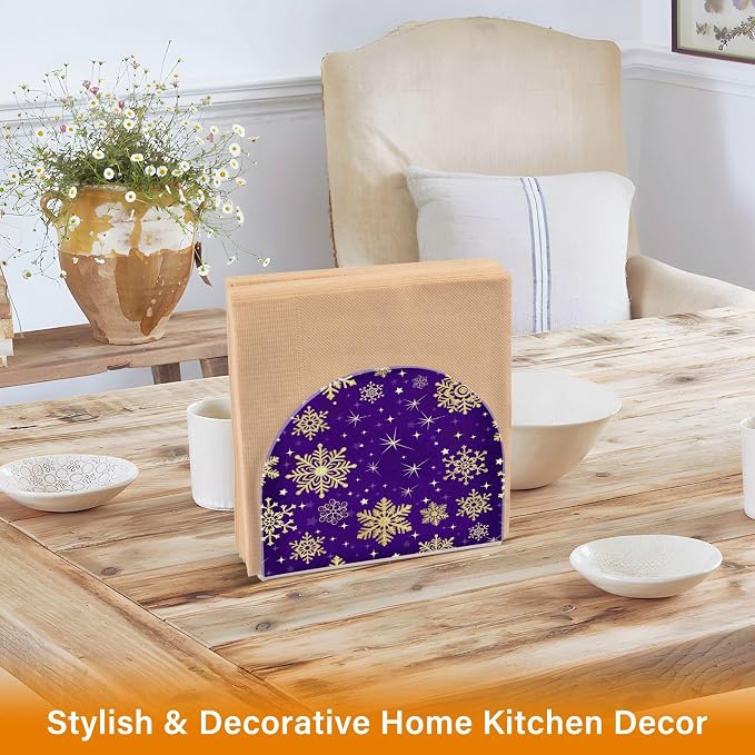 Winter Violet Purple Gold Snowflakes Christmas Napkin Holder for Tables Paper Cocktail Napkin Holders for Kitchen Dinning, Acrylic Dinner Napkin Dispenser for Restaurant Home Decor Bar Accessories