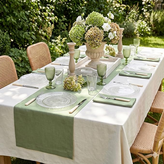 Solino Home Linen Oil Green Table Runner 120 Inches Long - 100% Pure Linen 14 x 120 Inch Table Runner for Spring, Summer - Fete