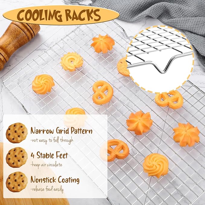 Harloon 12 Pack 16 x 9.8 Inches Nonstick Cooling Racks for Baking, Grid Wire Cookie Cooking Racks Oven Safe Carbon Steel Baking Rack Sheet Rack for Cookie Cake Grilling Drying Roasting (Silver)