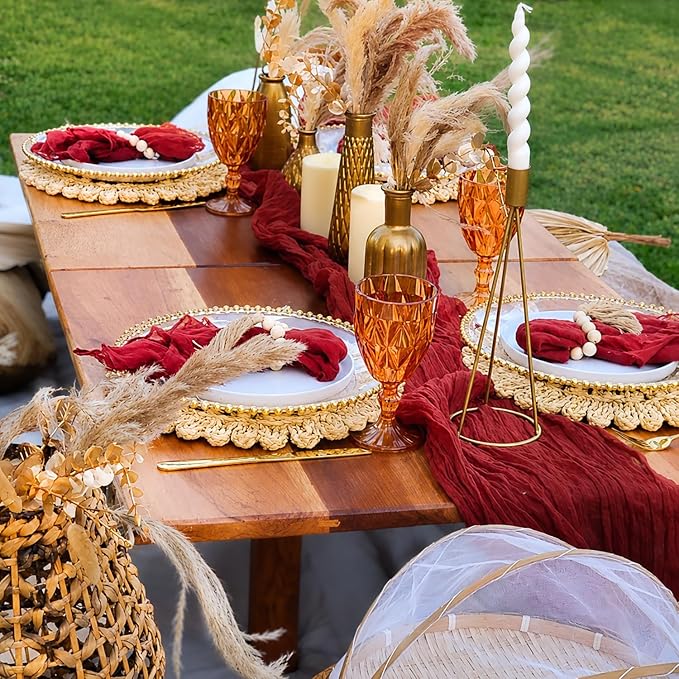 13.8" Set 4 Round Corn Husk Placemats | Boho Woven Rattan Table Mats | Natural Spring Farmhouse Plate Chargers | Handmade Rustic Wicker Place Mats for Christmas Wedding