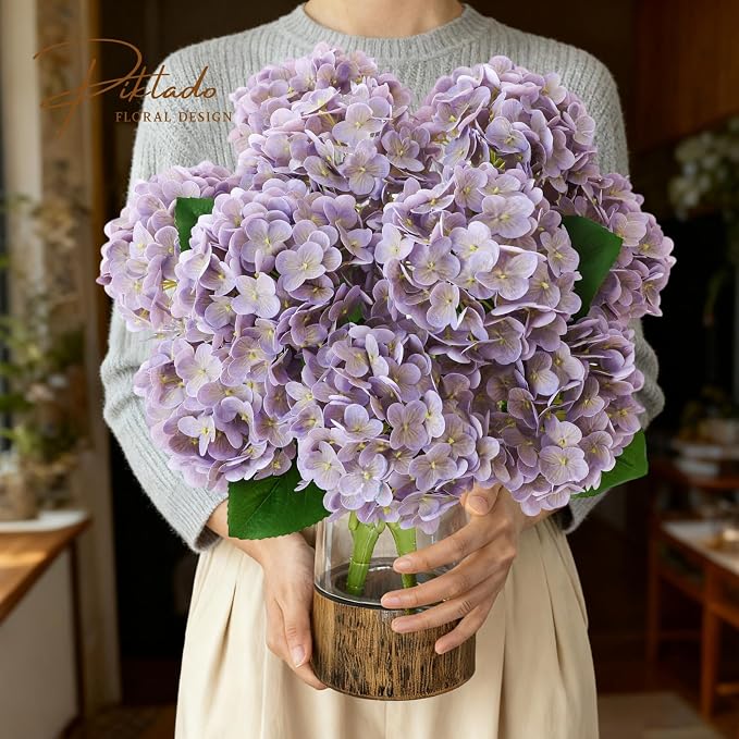 2 Bunch 21in Real Touch Hydrangea Artificial Flowers with 10pcs Flower Head 20pcs Leaves Faux Hydrangea Flowers for Home Office Decor Wedding Party Arrangements (Purple, 2 Bunch)