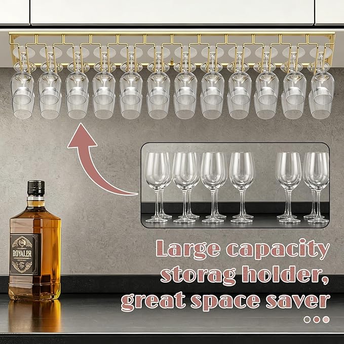 Xverycan Wine Glass Rack Under Cabinet, 12 Row Extreme Large Stemware Hanger, Metal Wine Goblet Holder, DIY Bar Glass Storage Rack for Bar Counter, Kitchen, Screws Included (Gold)