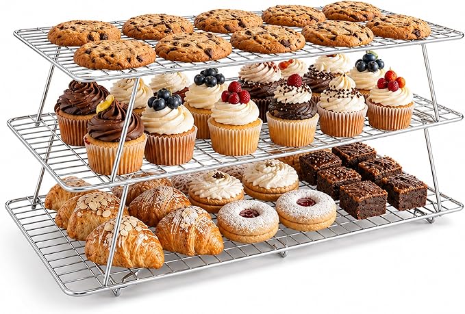 Cooling Rack, 3 Tier Stackable Cooling Racks for Cooking Baking Roasting, Multi-Level Collapsible Cookie Rack for Cakes, Oven Safe & Easy Clean (Silver, 3-Tier-SL)