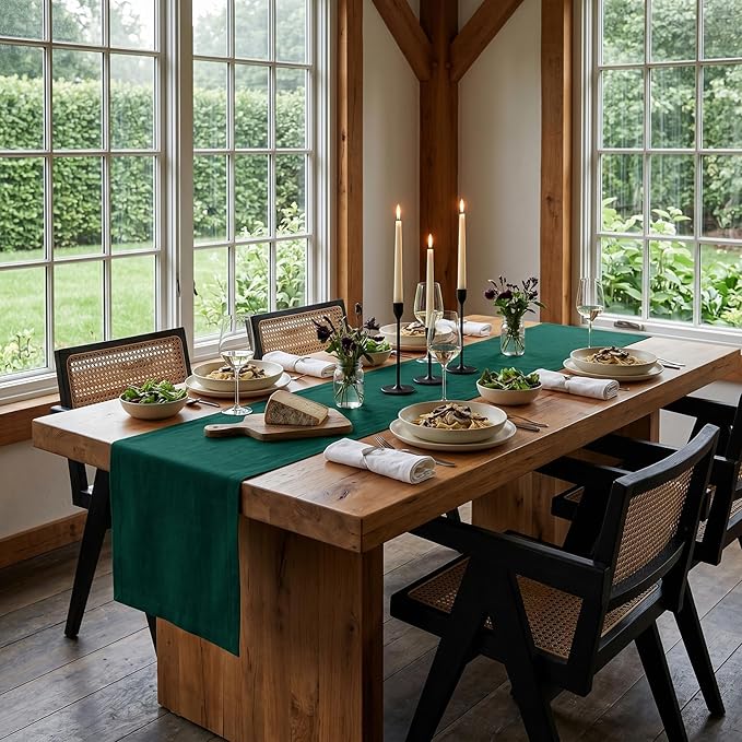 Solino Home Linen Table Runner 90 Inches Long - 100% Pure Linen Rainforest Green Dining Table Runner 14 x 90 Inch - Fete