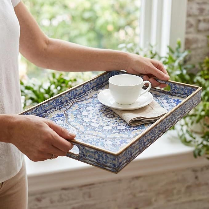 Boho Decorative Tray, Modern Blue Serving Tray with Handles, Ottoman Trays Set of 2, Plastic Coffee Table Tray for Living Room, Bathroom, Kitchen, Decor, Large 15.7”*11.8”, Small 13.7"*9.8"