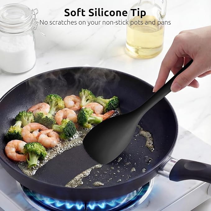 600ºF Heat Resistant Spatula Spoon: U-Taste Flexible Silicone Cooking Scoop Spoonula, Serving Mixing Scraping Food in Non-Stick Pan Cookware, Seamless Multifunctional Kitchen Utensil (Black)