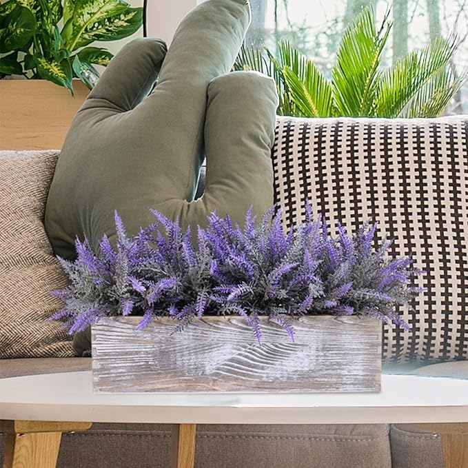 Winlyn 14" Faux Lavender Plant in Rustic Rectangular Wood Planter Box Artificial Lavender Flower Arrangement Potted Plant for Farmhouse Wedding Centerpiece Provence Home Office Room Table Mantel Décor