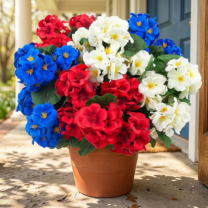 Hananona 6 Pcs Artificial Geranium Flowers for Outdoors Geranium Silk Flowers Outdoor UV Resistant Plants Faux Patriotic Flowers for 4th of July Home Kitchen Table Centerpieces Decor (6, RedWhiteBlue)