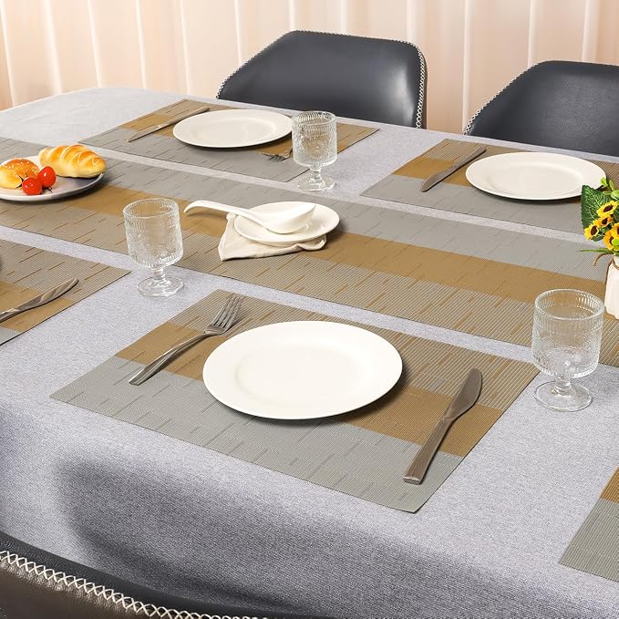 Placemats Set of 6, Vinyl Woven Place Mats Indoor Set of 6 Washable Wipeable PVC Table Mats Heat-Resistant Non Slip Placemat for Kitchen Dining Outdoor Table (Gray Light Brown, Set of 6)