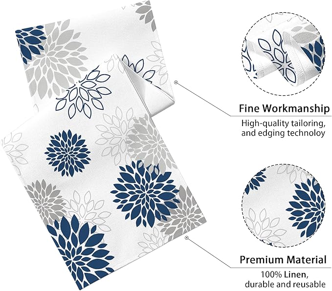 Dahlia Flower Table Runner 13x90 Inch Farmhouse Blue Gray Runners Modern Table Decorations Rustic Geometric Coffee Table Runner for Home Kitchen Dining Room Party (13"x90", Dahlia Floral-Blue)