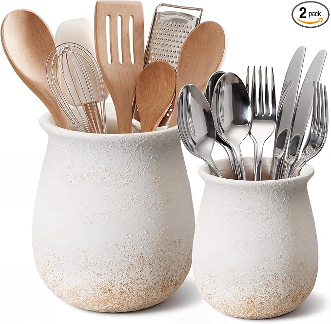 Qinyoung Set of 2 Rustic Kitchen Utensil Holder for Countertop, 6.5"+4.9" Ceramic Farmhouse Cooking Utensil Crock, Boho Decorative Jar for Kitchen Decor, Vintage Tool Organizer for Spoons, Spatulas