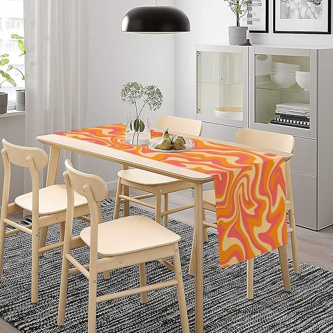 Retro 70s Groovy Table Runner Vintage Abstract Modern Art Boho Spiral Swirl Waves Farmhouse Country Dinner Runner for Home Kitchen Dining Table Party Holiday Decor 13x108in
