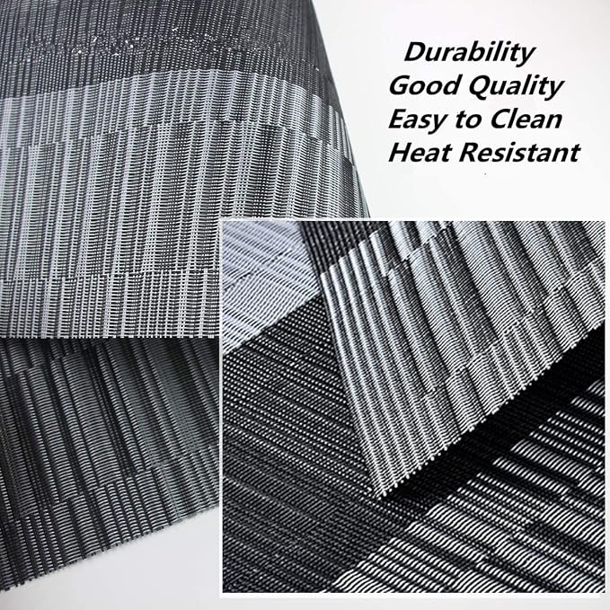 Placemats, Washable PVC Table Mats, Woven Vinyl Placemat for Dining Table Place Mats Set (6 Placemats and 1 Table Runner, Black and Grey)