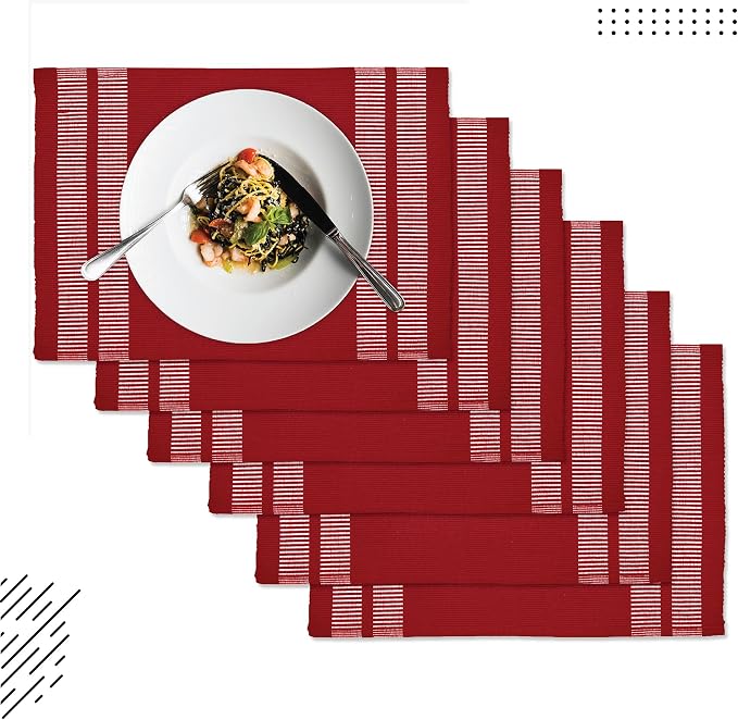 Encasa XO Dining Placemat Set of 6 | Ladder Red Color | Fine Ribbed Cotton Table mat | Size 18x13 in | Machine Washable