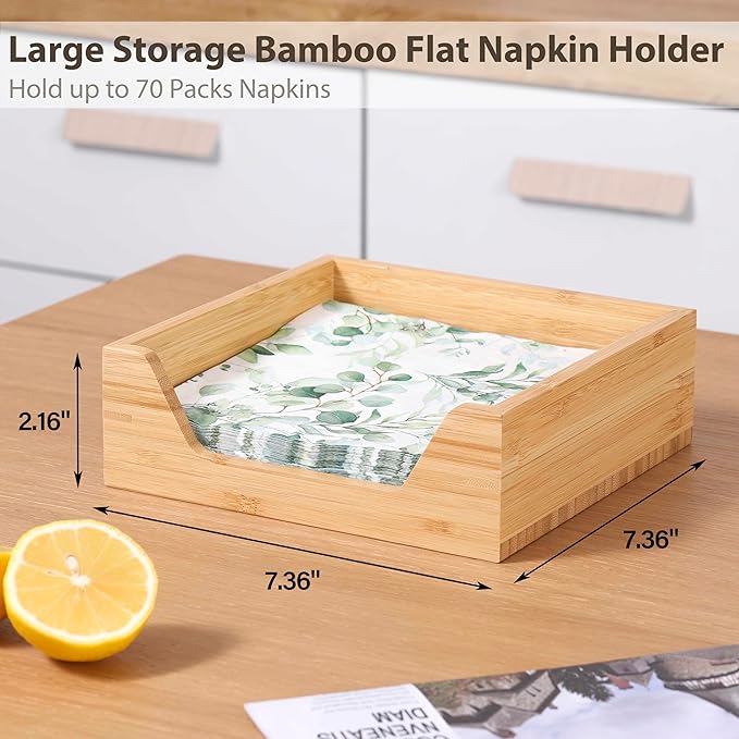Bamboo Napkin Holder, 7.36" x 7.36" x 2.16" Napkin Holder for Table with Large Side Opening for Easy Access, Large Storage Square Napkin Dispenser, Home Kitchen Dining Tabletop Decor