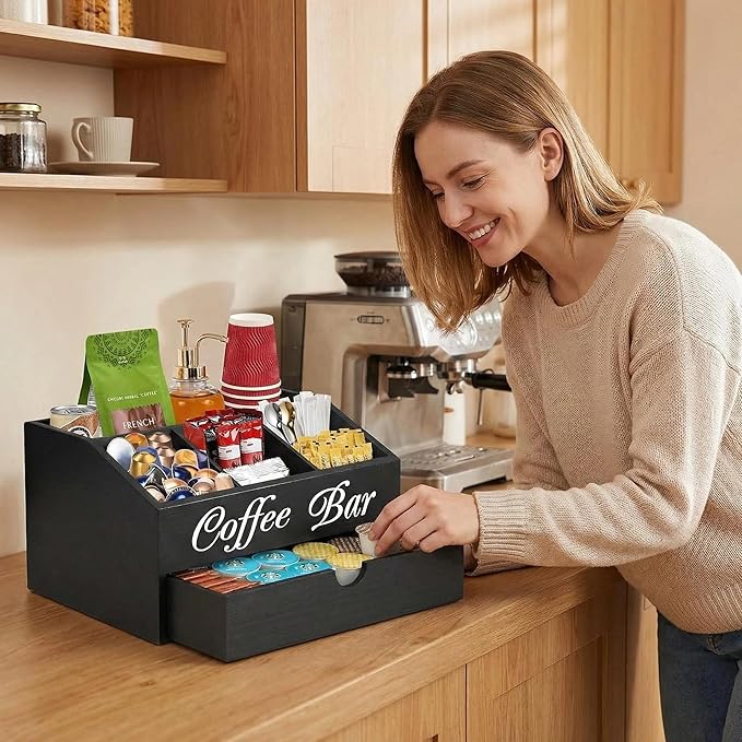 Coffee Station Organizer - Double Layer with Drawers, Country Style Coffee Bar Organizer, Farmhouse Coffee Capsule Storage Basket, Natural Solid Wood Material(Black Double Layer)