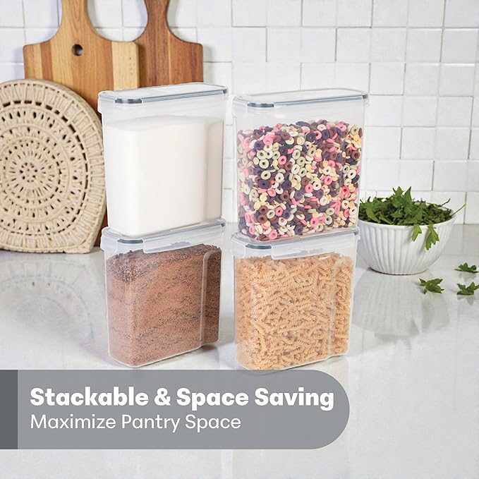 4 Pack Stackable Airtight Food Storage Containers (4L/135.2 oz) with Lids, Labels & Marker, BPA-Free Leakproof Pantry Organization for Cereal, Flour, Rice & Dry Food