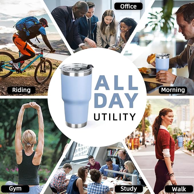 30 oz Tumbler with Lids and Straws Double Wall Vacuum Insulated Tumbler Cup,Stainless Steel Leak-proof Thermal Tumbler Travel Coffee Mug for Cold and Hot Drinks,Baby Blue
