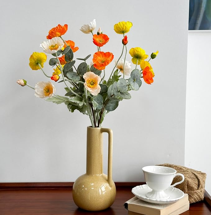 Poppy Artificial Flowers and Eucalyptus Stems, Fake Orange and Yellow Champagne Flowers, Silk Flowers Arrangement for Wedding Party Farmhouse Home Office Table Centerpieces Decoration