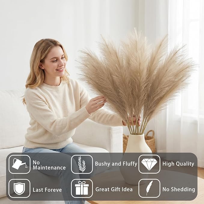 TORONTOKYO Pampas Grass Tall, 8PCS 35.4 Brown Pampas Grass Decor, Large Artificial Pampas Grass for Floor Vase Filler, Wedding, Baby Shower, Home Decor