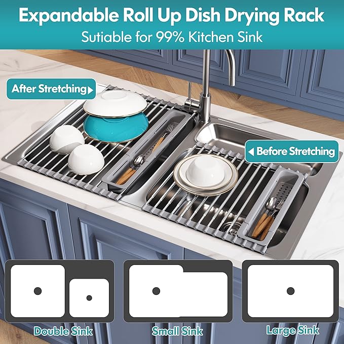 JASIWAY Roll Up Dish Drying Rack, Expandable (12.8"-23.8" D x 12.8" W) Stainless Steel Portable Drainer for Kitchen Sink Counter, Foldable Over The Sink Cover with Removable Utensil Holder