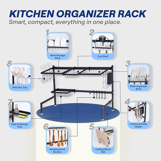 Over The Sink Dish Drying Rack - Adjustable 26.8"-34.6" Stainless Steel Large Dish Rack Over Sink Drying Rack with Utensil Holder, Black