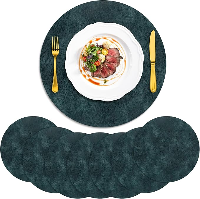 ADRIMER Placemats, Heat Resistant Round Placemats Set of 8 Washable, Waterproof Table Mats, Wipeable Faux Leather Place Mats for Kitchen, Dining Room, Dark Blue