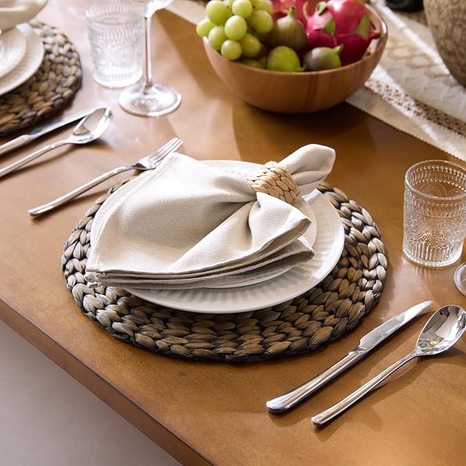 Round Woven Placemats Set of 4, Natural Water Hyacinth Place Mats, Boho Wicker Placemats, Table Mats for Dining Table (13.8 inch) Black by YANGQIHOME