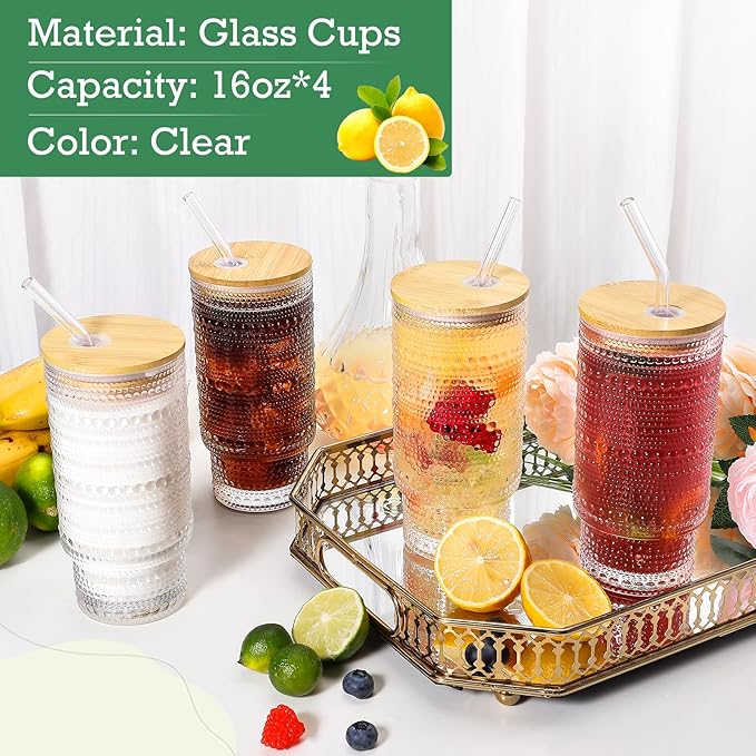 CWHHRN 16 Oz Glass Cups with Lids and Straws, Vintage Embossed Glassware for Whiskey Cocktail Beer, Iced Coffee Cup with Lid, Glass Tumbler (4 PACK)